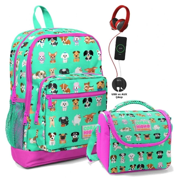 Coral High Okul Çantası ve Beslenme Çantası Seti - Kız Çocuk Yeşil Pembe Köpek - USB Soketli ürün görseli