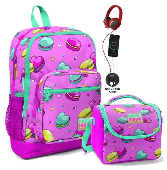 Coral High Okul Çantası ve Beslenme Çantası Seti - Kız Çocuk Pembe Makaron - USB Soketli ürün görseli