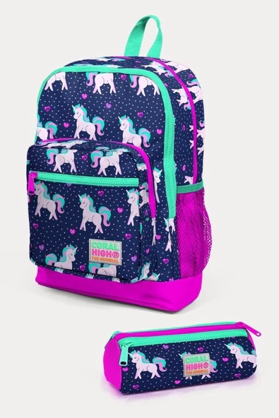 Coral High Kids Lacivert Pembe Unicorn Desenli 2'li Okul Çanta Seti - Kız Çocuk