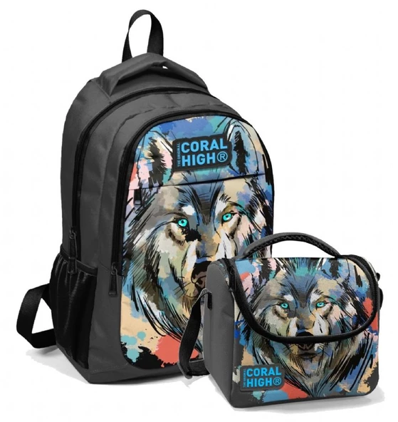 Coral High Erkek Çocuk Okul Sırt ve Beslenme Çantası Seti Siyah Kurt