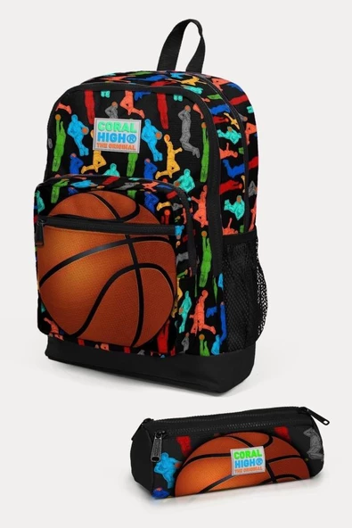 Coral High Kids Siyah Basketbol Desenli 2'li Okul Çanta Seti - Erkek Çocuk - 1