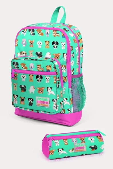 Coral High Kids Su Yeşili Neon Pembe Köpek Desenli 2'li Okul Çanta Seti - Kız Çocuk