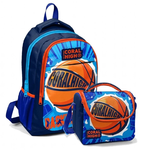 Coral High Erkek Çocuk Okul Sırt ve Beslenme Çantası Seti Lacivert Turuncu Basketbol