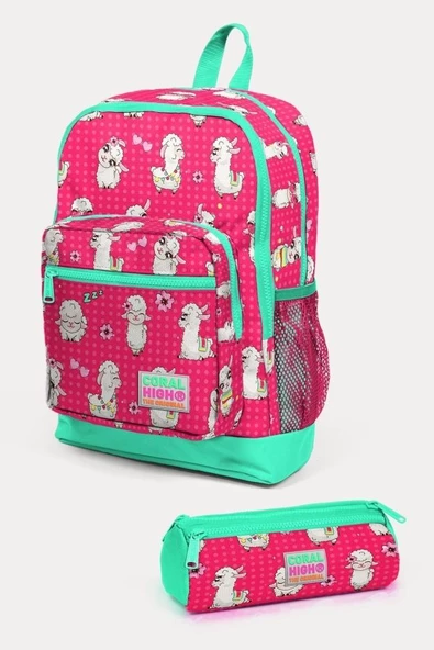Coral High Kids Neon Mercan Su Yeşili Alpaka Desenli 2'li Okul Çanta Seti - Kız Çocuk ürün görseli