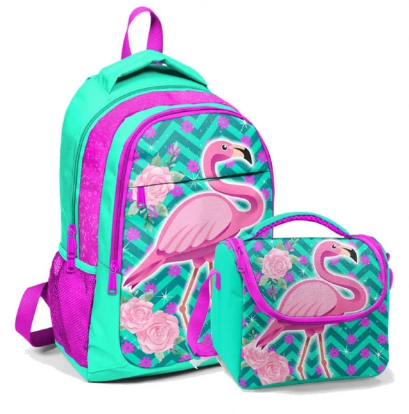 Coral High Okul Sırt Çantası ve Beslenme Çantası Kız Çocuk Yeşil Flamingo ürün görseli