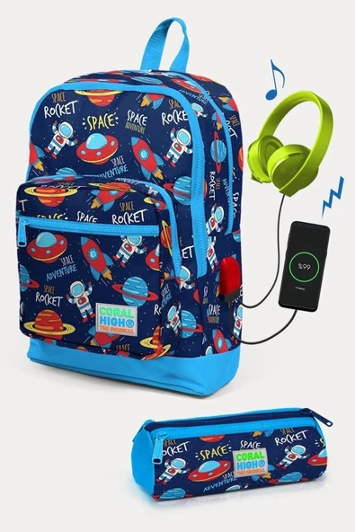 Coral High Kids Lacivert Mavi Uzay Desenli USB'li 2'li Okul Çanta Seti - Erkek Çocuk