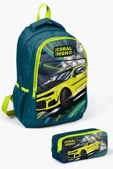 Coral High Kids Nefti Fosforlu Sarı Araba Desenli 2'li Okul Çanta Seti - Erkek Çocuk