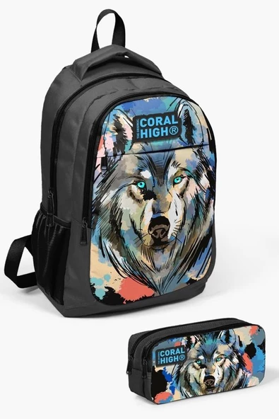 Coral High Kids Gri Siyah Kurt Desenli 2'li Okul Çanta Seti - Erkek Çocuk