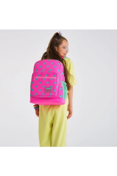 Coral High Kids Neon Pembe Su Yeşili Kalp Desenli 2'li Okul Çanta Seti - Kız Çocuk - 2