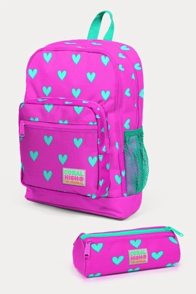 Coral High Kids Neon Pembe Su Yeşili Kalp Desenli 2'li Okul Çanta Seti - Kız Çocuk