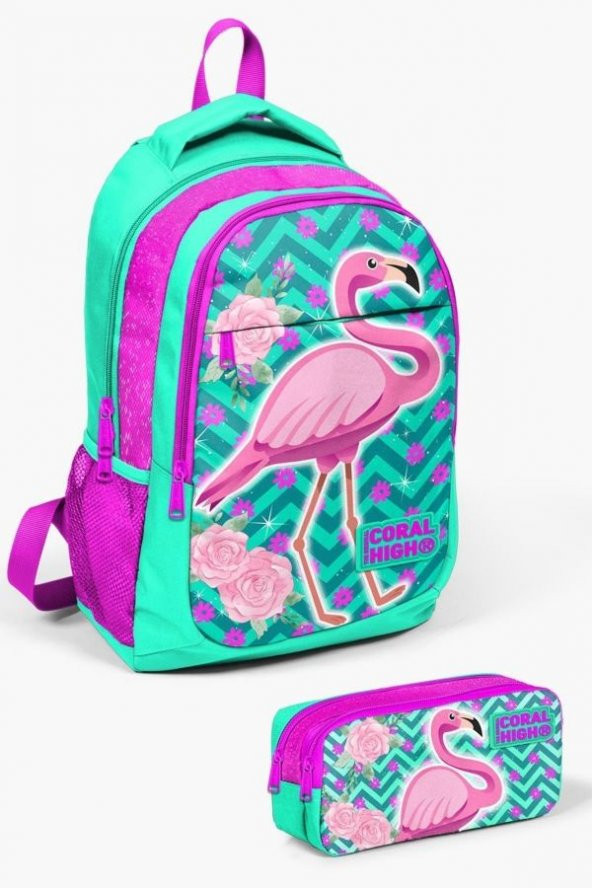 Coral High Kids Su Yeşili Pembe Simli Flamingo Desenli 2'li Okul Çanta Seti - Kız Çocuk