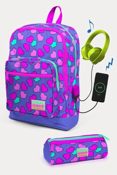 Coral High Kids Lavanta Pembe Kalp Desenli USB'li 2'li Okul Çanta Seti - Kız Çocuk