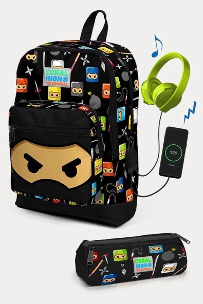 Coral High Kids Siyah Ninja Desenli USB'li 2'li Okul Çanta Seti - Erkek Çocuk
