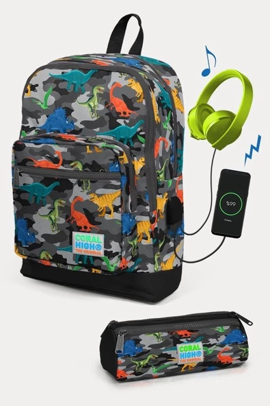 Coral High Kids Koyu Gri Siyah Kamuflaj Dinozor Desenli USB'li 2'li Okul Çanta Seti - Erkek Çocuk