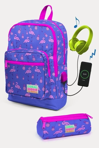 Coral High Kids Lavanta Pembe Flamingo Desenli USB'li 2'li Okul Çanta Seti - Kız Çocuk ürün görseli
