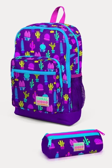 Coral High Kids Mor Pembe Kaktüs Desenli 2'li Okul Çanta Seti - Kız Çocuk