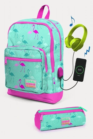Coral High Kids Su Yeşili Neon Pembe Flamingo Desenli USB'li 2'li Okul Çanta Seti - Kız Çocuk - 1