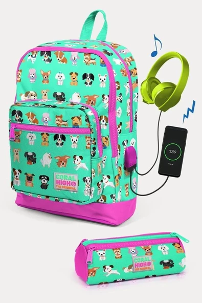 Coral High Kids Su Yeşili Neon Pembe Köpek Desenli USB'li 2'li Okul Çanta Seti - Kız Çocuk