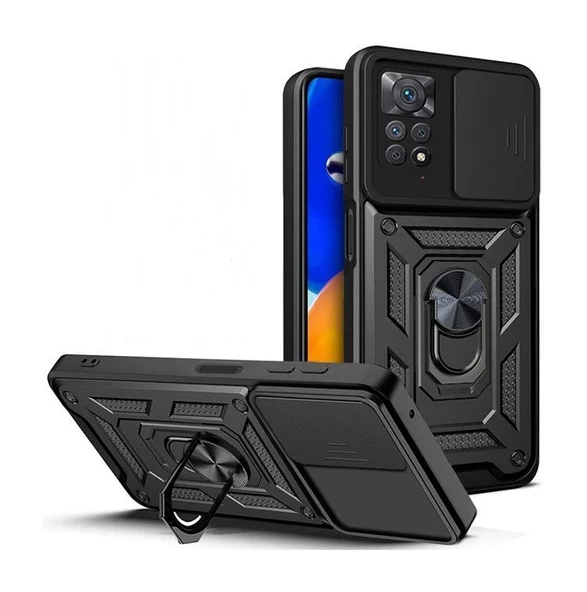 Smcase Xiaomi Redmi Note 11 Pro Kılıf Kamera Korumalı Yüzüklü Tank Pars SilikonNano Ekran Koruyucu