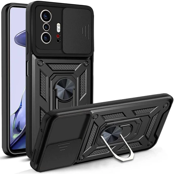 Smcase Xiaomi Mi 11T Pro 5G Kılıf Kamera Korumalı Yüzüklü Tank Pars SilikonNano Ekran Koruyucu