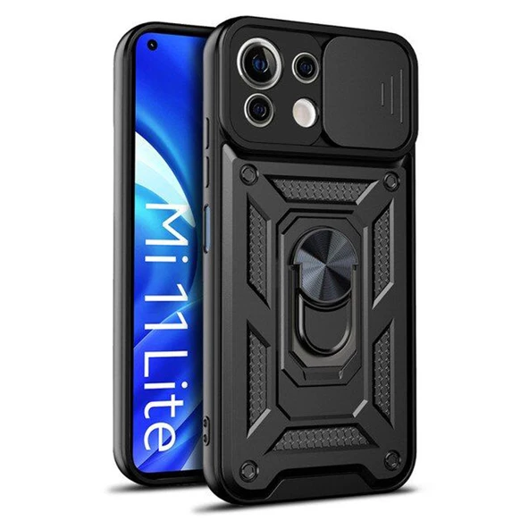 Smcase Xiaomi Mi 11 Lite Kılıf Kamera Korumalı Yüzüklü Tank Pars SilikonNano Ekran Koruyucu