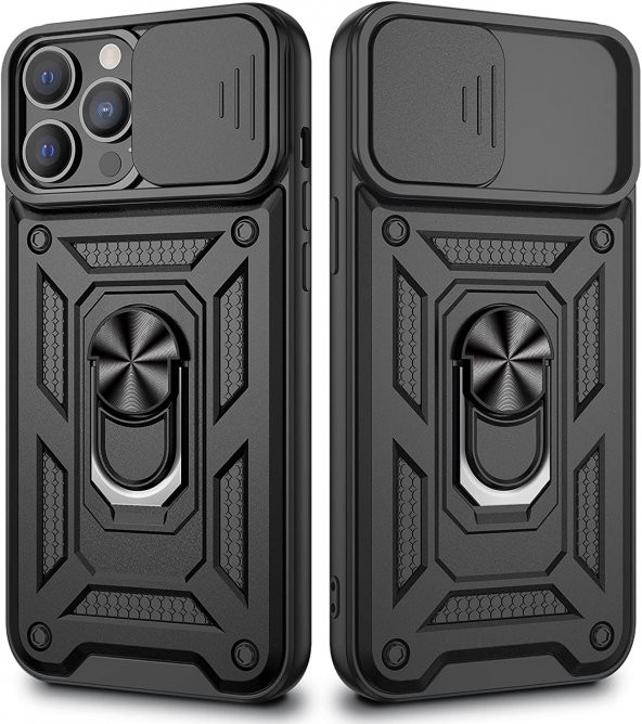 Smcase Apple iPhone 13 Pro Max Kılıf Kamera Korumalı Yüzüklü Tank Pars SilikonNano Ekran Koruyucu