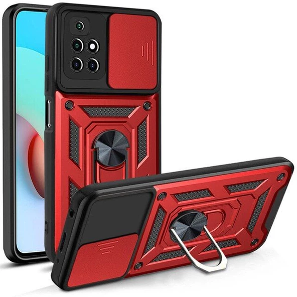 Smcase Xiaomi Redmi 10 2022 Kılıf Kamera Korumalı Yüzüklü Tank Pars SilikonNano Ekran Koruyucu