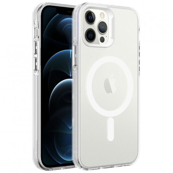 Smcase Apple iPhone 12 Pro Max Kılıf Flex Tuşlu Magsafeli C-Pro Arkası Buzlu Transparan