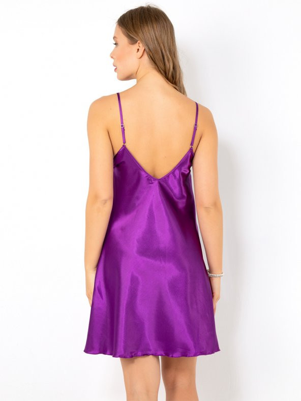 Yırtmaçlı Dantel Detaylı Saten Gecelik - Resim 6