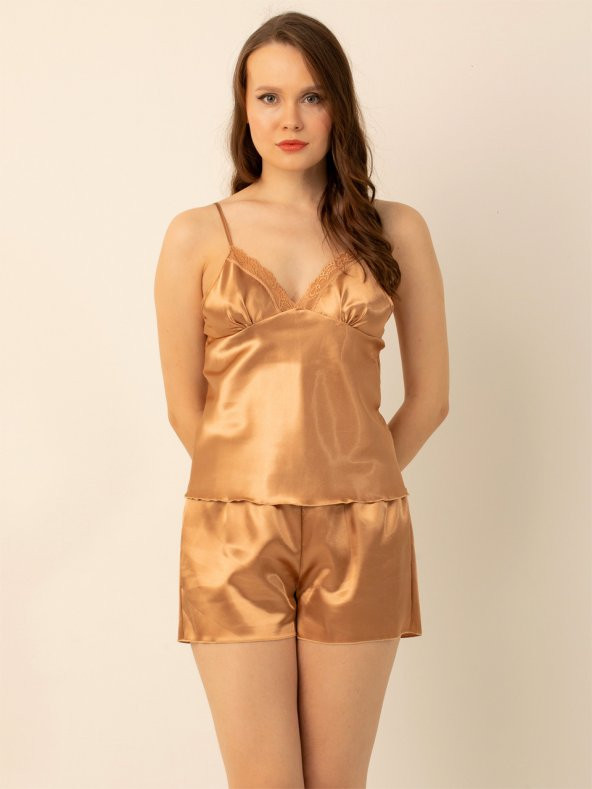 Ayarlanabilir Saten Dantelli Askılı Şortlu Takım - Resim 3