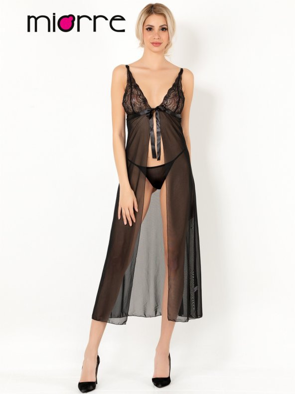 Ayarlanabilir Askılı Dantelli Transparan Gecelik Takım - Resim 3