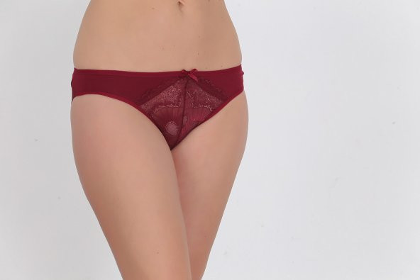Ön ve Arkası Dantelli Düşük Bel Slim Külot Bordo - Resim 2