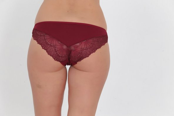 Ön ve Arkası Dantelli Düşük Bel Slim Külot Bordo - Resim 3