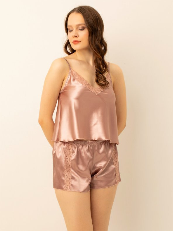 Saten Güpürlü Ayarlanabilir Askılı Şortlu Takım - Resim 3