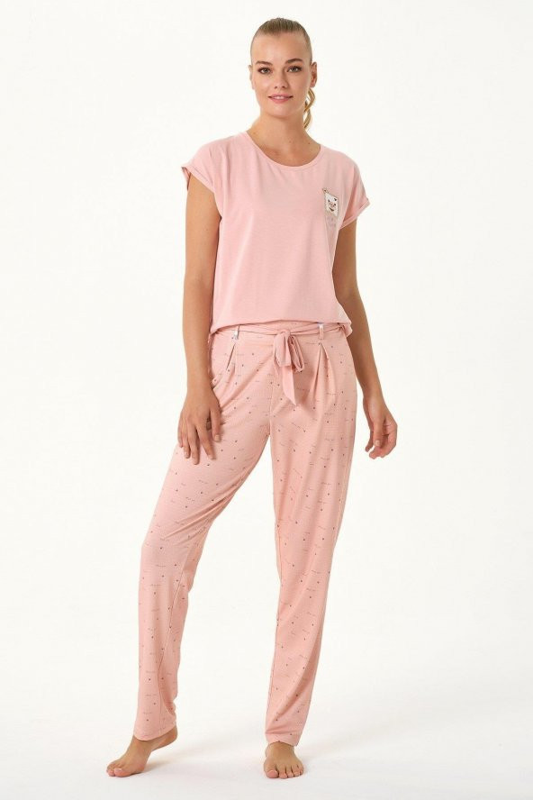 Kedi Nakışlı İkili Pijama Takımı
