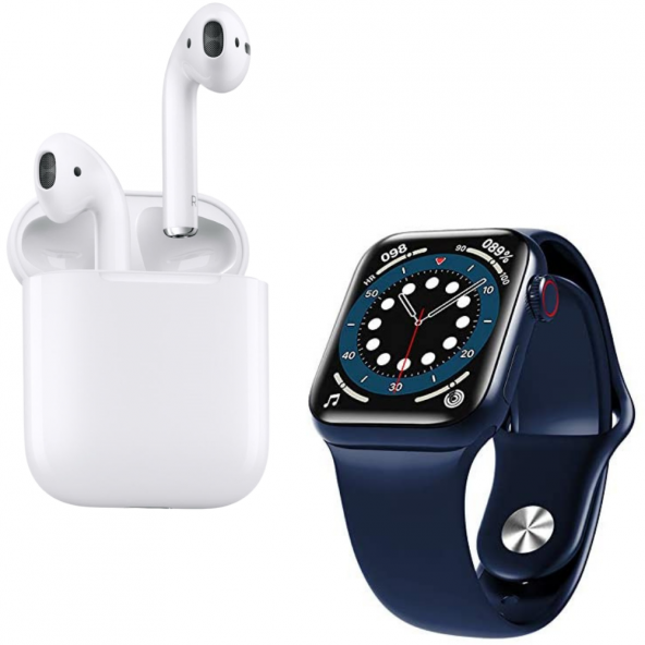 Airpods Seri 2 Anc Özellikli Bluetooth Kablosuz Kulaklık HW12 Full Ekran Smartwatch Mavi Akıllı Saat
