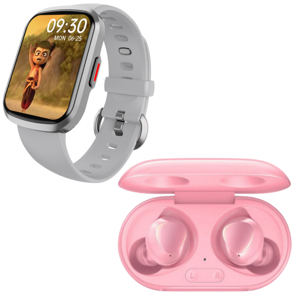 Buds+ Pembe Bluetooth Kulaklık HW13 Smartwatch Gri Akıllı Saat