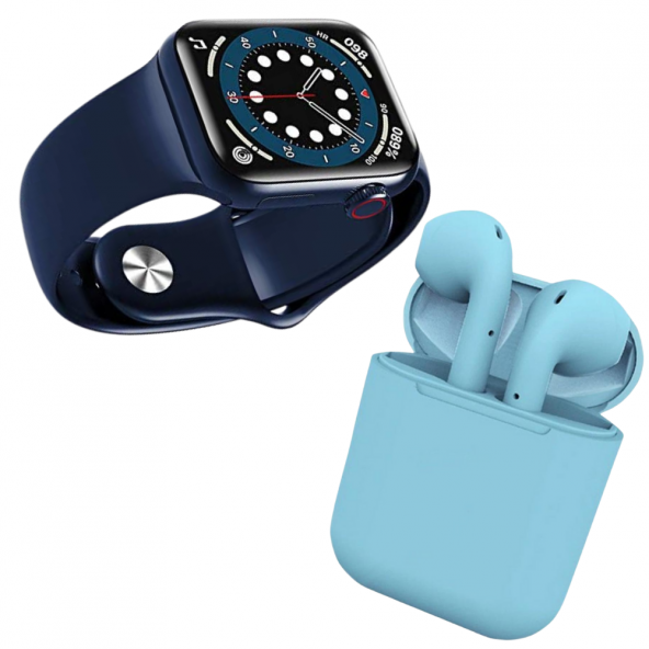 Premium Set HW12 Full Ekran Akıllı Saat Mavi Bluetooth i12 İnpods Kulaklık ürün görseli