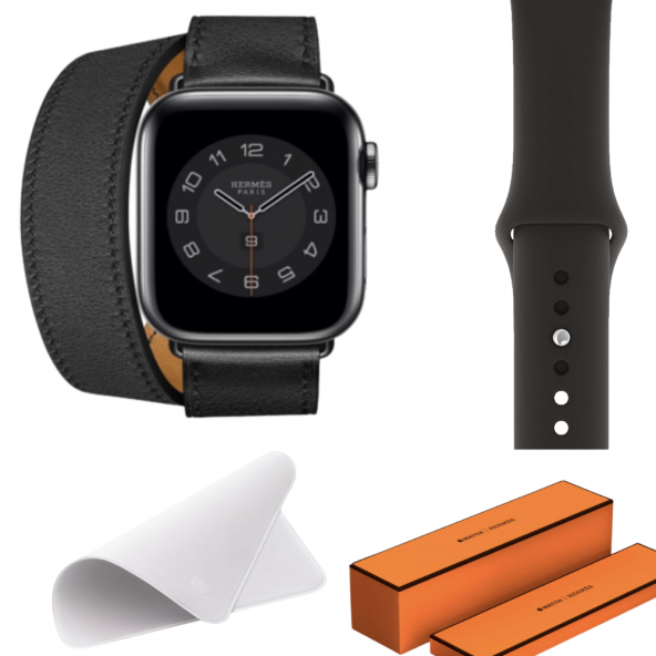 Watch Hermes 44MM Akıllı Saat Siyah Çift Kordon Temizleme Bezi Hediyeli Set - 1