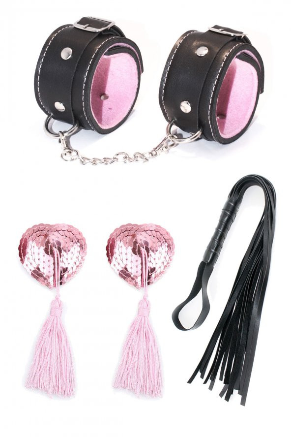 Siyah Deri Kırbaç Kelepçe Ve Göğüs Ucu 3Lü Set ürün görseli