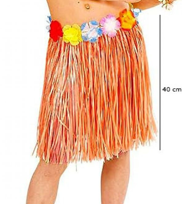 Yetişkin ve Çocuk Uyumlu Turuncu Renk Püsküllü Hawaii Luau Hula Etek 40 cm