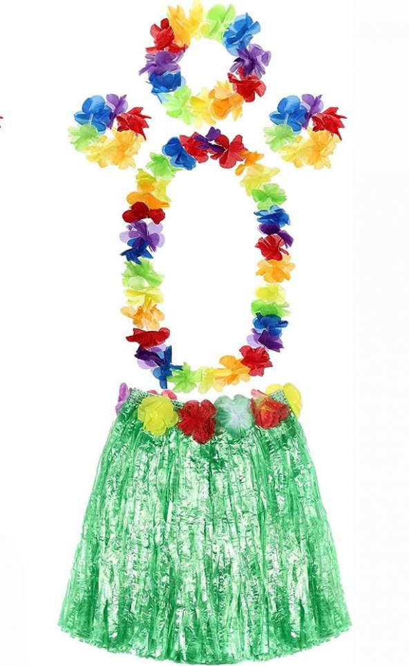 Yetişkin ve Çocuk Uyumlu Luau Aloha Hawaii Yeşil Etek ve Renkli Kolye Taç 2 Adet Bileklik Seti