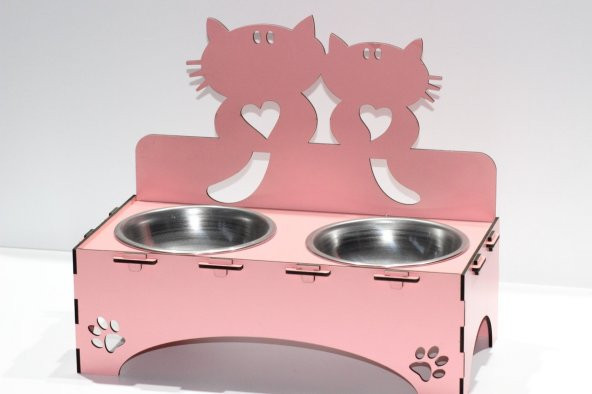 Kediler İçin Özel Yapım Lazer Kesim Çiftli Ahşap Mama Ünitesi Pembe