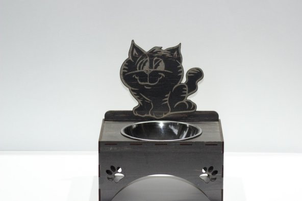 Kediler İçin Özel Yapım Lazer Kesim Tekli Ahşap Mama Ünitesi Siyah