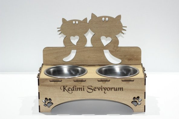 Kediler İçin Özel Yapım Lazer Kesim Çiftli Ahşap Mama Ünitesi
