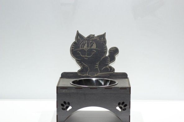 Kediler İçin Özel Yapım Lazer Kesim Tekli Ahşap Mama Ünitesi Siyah - 2