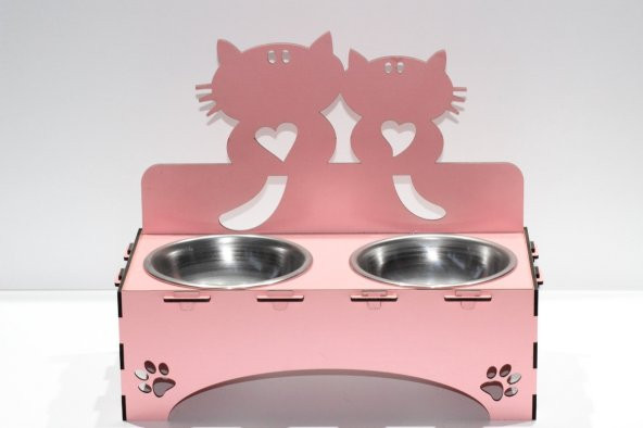 Kediler İçin Özel Yapım Lazer Kesim Çiftli Ahşap Mama Ünitesi Pembe - 3