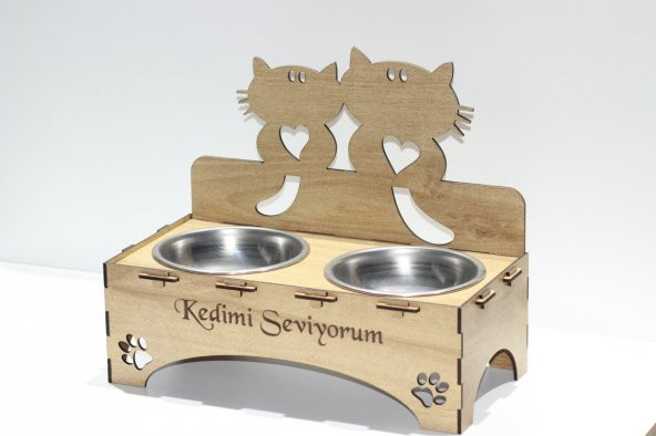 Kediler İçin Özel Yapım Lazer Kesim Çiftli Ahşap Mama Ünitesi - 2
