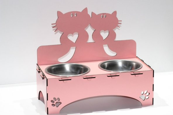 Kediler İçin Özel Yapım Lazer Kesim Çiftli Ahşap Mama Ünitesi Pembe - 2