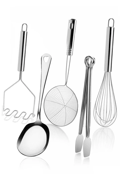 Selenica 5 Parça Çelik Metal Mutfak Servis Seti Takımı (kaşık, Çırpıcı, Maşa, Patates Ezici, Kızartma Kevgir)